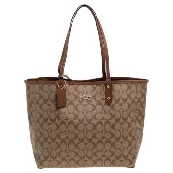 Pre Owned Coach Beige/Brown Coated Canvas and Leather Reversible City Tote