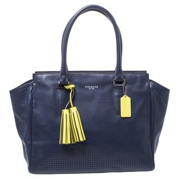 Pre Owned Coach Navy Blue/Green Perforated Leather Candace Caryall Tote