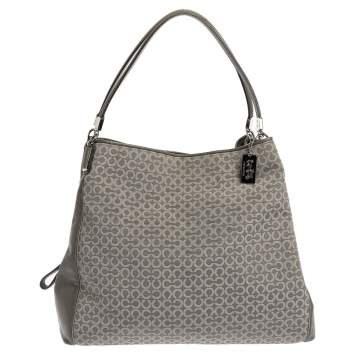 Pre Owned Coach Grey Signature Canvas and Leather Edie Shoulder Bag