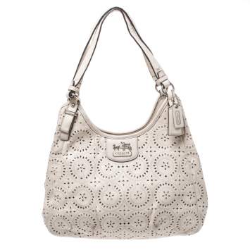 Pre Owned Coach Ivory Laser Cut Leather Maggie Shoulder Bag