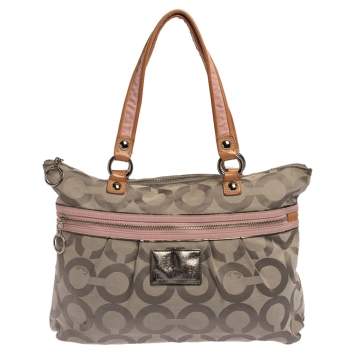Pre Owned Coach Grey/Orange Signature Canvas and Patent Leather Poppy Glam Tote