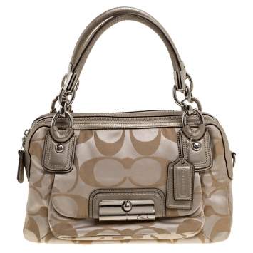 Pre Owned Coach Beige Signature Fabric and Leather Kristin Double Zip Satchel