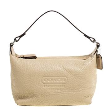 Pre Owned Coach Beige Grained Leather Pochette Bag
