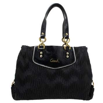 Pre Owned Coach Black Pleated Satin and Patent Leather Tote