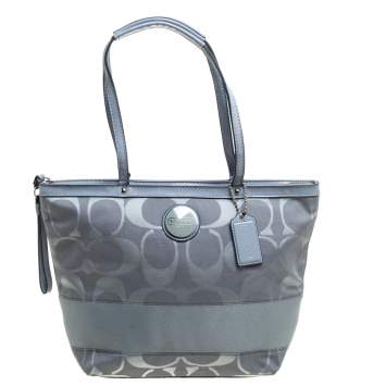 Pre Owned Coach Dark Grey Signature Canvas and Patent Leather Small Tote