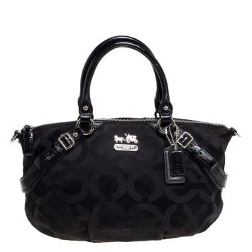 Pre Owned Coach Black Signature Canvas and Patent Leather Sophia Satchel