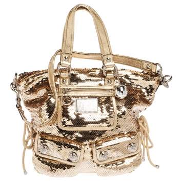 Pre Owned Coach Gold Sequin and Leather Spotlight Pocket Shoulder Bag 