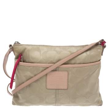Pre Owned Coach Beige/Pink Nylon and Leather Crossbody Bag