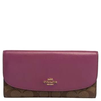 Pre Owned Coach Beige/Magenta Signature Coated Canvas and Leather Continental Wallet