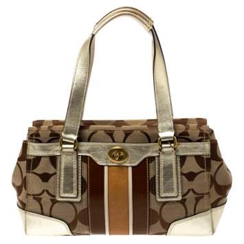 Pre Owned Coach Beige/Gold Canvas and Leather Hampton Tote