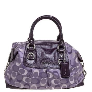 Pre Owned Coach Two Tone Purple Signature Fabric and Patent Leather Ashley Satchel