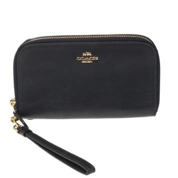 Pre Owned Coach Navy Blue Leather Accordion Double Zip Wristlet Wallet