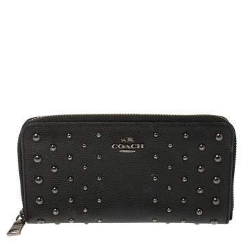 Pre Owned Coach Black Studded Leather Accordion Zip Around Wallet