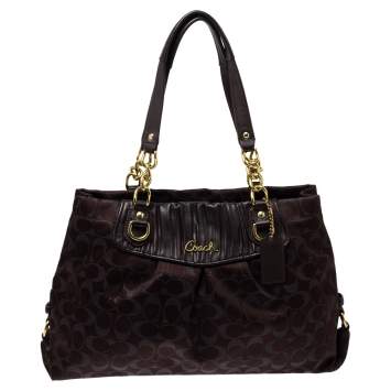 Pre Owned Coach Dark Brown Shimmer Signature Canvas and Leather Ashley Tote