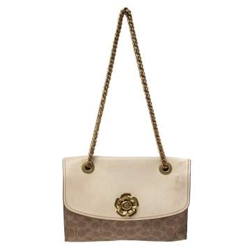 Pre Owned Coach Brown/Beige Signature Coated Canvas and Leather Shoulder Bag