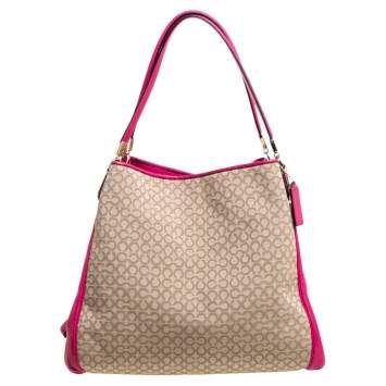 Pre Owned Coach Beige/Magenta Canvas and Leather Edie Shoulder Bag