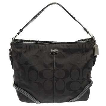 Pre Owned Coach Black Signature Canvas and Patent Leather Katarina Hobo