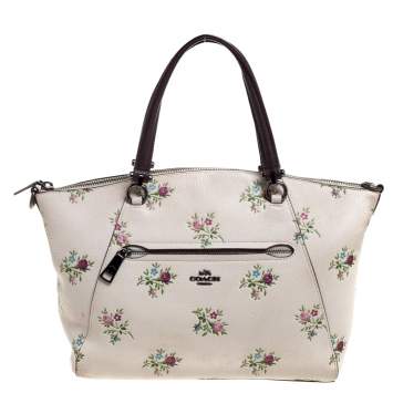Pre Owned Coach Cream/Burgundy Daisy Print Leather Prairie Satchel