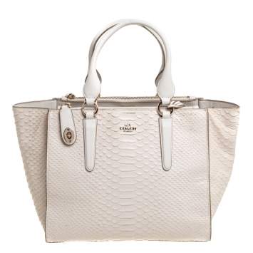 Pre Owned Coach Off White Python Effect Leather Crosby Tote