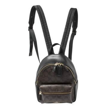 Pre Owned Coach Black/Brown Signature Coated Canvas and Leather Mini Charlie Backpack