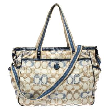 Pre Owned Coach Cream/Blue Signature Nylon Peyton Diaper Bag