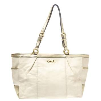 Pre Owned Coach Cream White/Metallic Gold Leather Gallery Lurex Tote