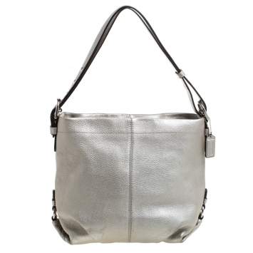 Pre Owned Coach Metallic Silver Leather Duffle Hobo