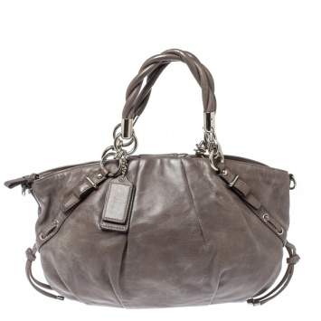 Pre Owned Coach Grey Pleated Leather Sophia Satchel