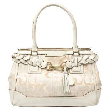 Pre Owned Coach White Signature Canvas and Leather Hampton Braided Tote