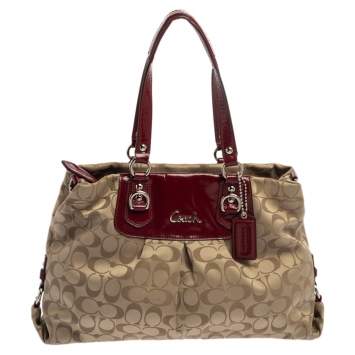 Pre Owned Coach Beige/Maroon Canvas and Patent Leather Ashley Satchel