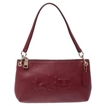 Pre Owned Coach Burgundy Leather Embossed Horse & Carriage Cross Body Bag