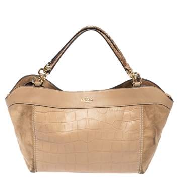 Pre Owned Coach Beige Suede, Croc and Python Embossed Leather Small Lexy Shoulder Bag