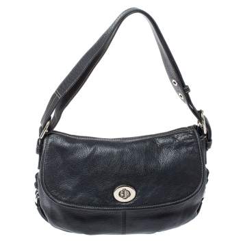 Pre Owned Coach Black Leather Duffel Flap Hobo