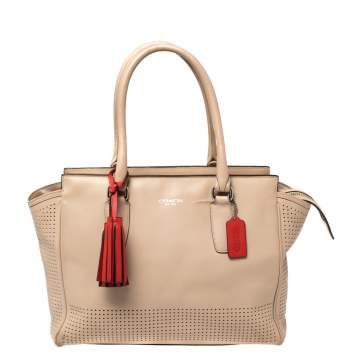 Pre Owned Coach Pink Perforated Leather Legacy Candace Carryall Tote