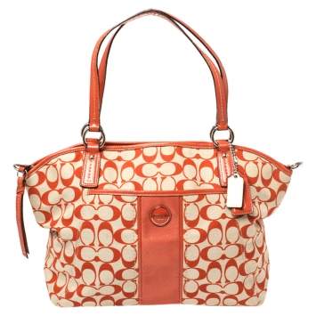 Pre Owned Coach Orange/Beige Signature Canvas and Patent Leather Stripe Pocket Tote