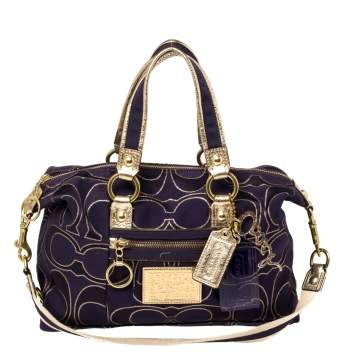 Pre Owned Coach Purple/Gold Signature Fabric and Leather Poppy Satchel