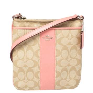 Pre Owned Coach Pink/Beige Signature Coated Canvas and Leather Crossbody Bag