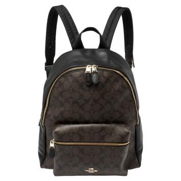 Pre Owned Coach Brown/Black Signature Coated Canvas and Leather Charlie Backpack