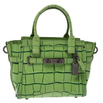 Pre Owned Coach Green Croc Embossed Leather Swagger 20  Tote