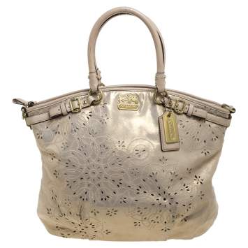Pre Owned Coach Beige Laser Cut Shimmer Leather Lindsey Shoulder Bag