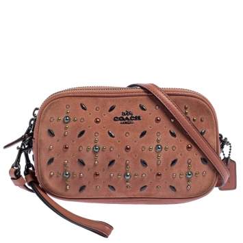Pre Owned Coach Coral Orange Leather and Suede Rivets Saddie Crossbody Bag