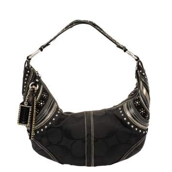 Pre Owned Coach Black Signature Canvas and Leather Soho Studded Hobo
