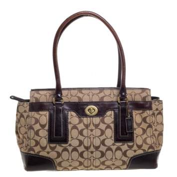 Pre Owned Coach Beige/Brown Signature Canvas and Leather Hampton Tote