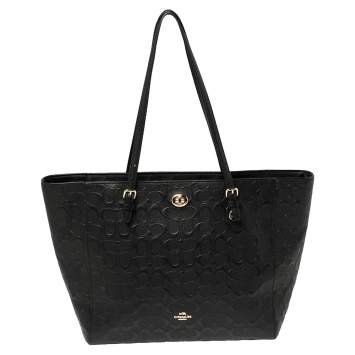 Pre Owned Coach Black Signature Embossed Leather Turnlock Tote