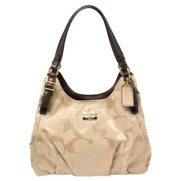 Pre Owned Coach Beige/Brown Signature Canvas and Leather Madison Maggie Hobo