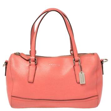 Pre Owned Coach Coral Orange Leather Boston Bag