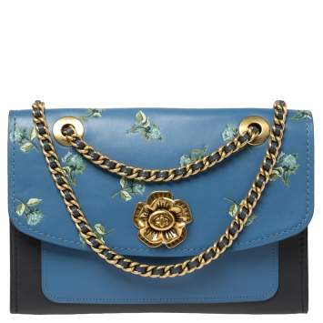 Pre Owned Coach Blue/Black Floral Print Leather Parker Shoulder Bag