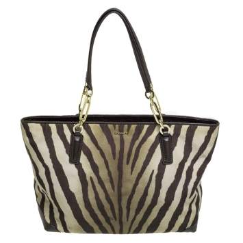 Pre Owned Coach Green/Brown Zebra Print Canvas and Leather Madison Tote