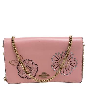Pre Owned Coach Pink Studded Leather Flap Crossbody Bag
