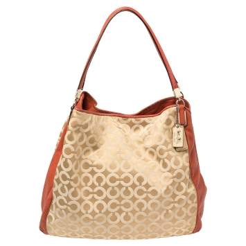 Pre Owned Coach Burnt Orange/Beige Signature Canvas and Leather Edie Shoulder Bag